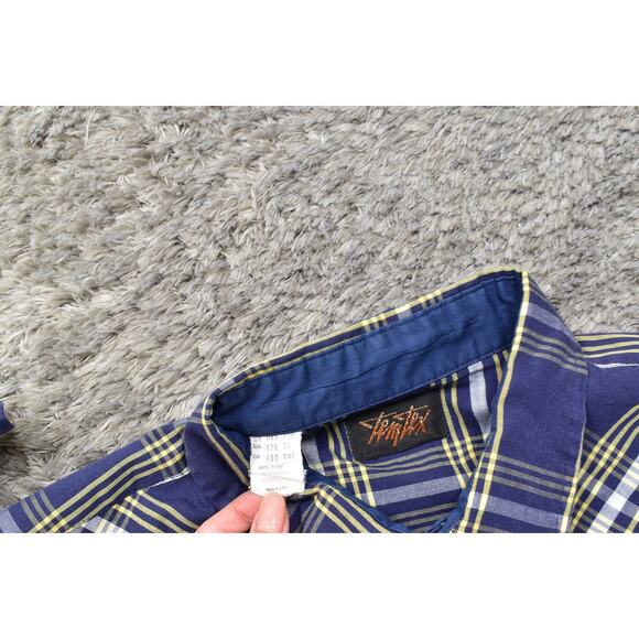 VTG Tem Tex Western Made in USA Men Blue Plaid Casual Cotton Snap Shirt 17.5 36 - Picture 6 of 8